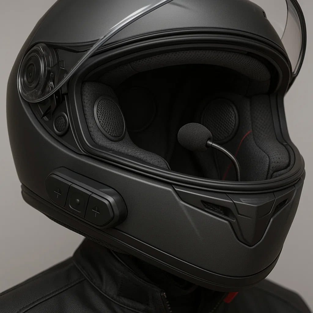 co to jest interkom motocyklowy - zbliżenie na kask z wbudowanym interkomem, widoczne słuchawki i mikrofon w środku.