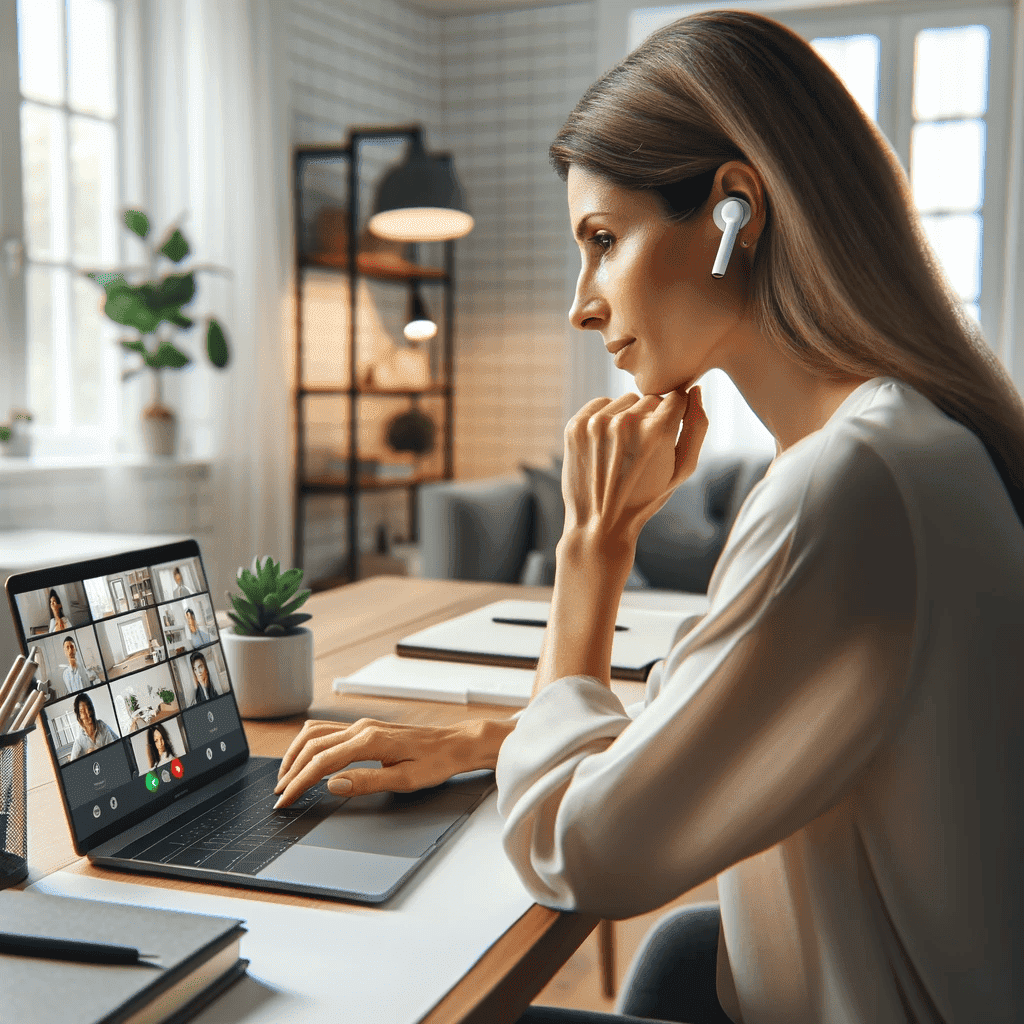 co to jest słuchawki tws - kobieta w przykładowym modelu podczas wideokonferencji