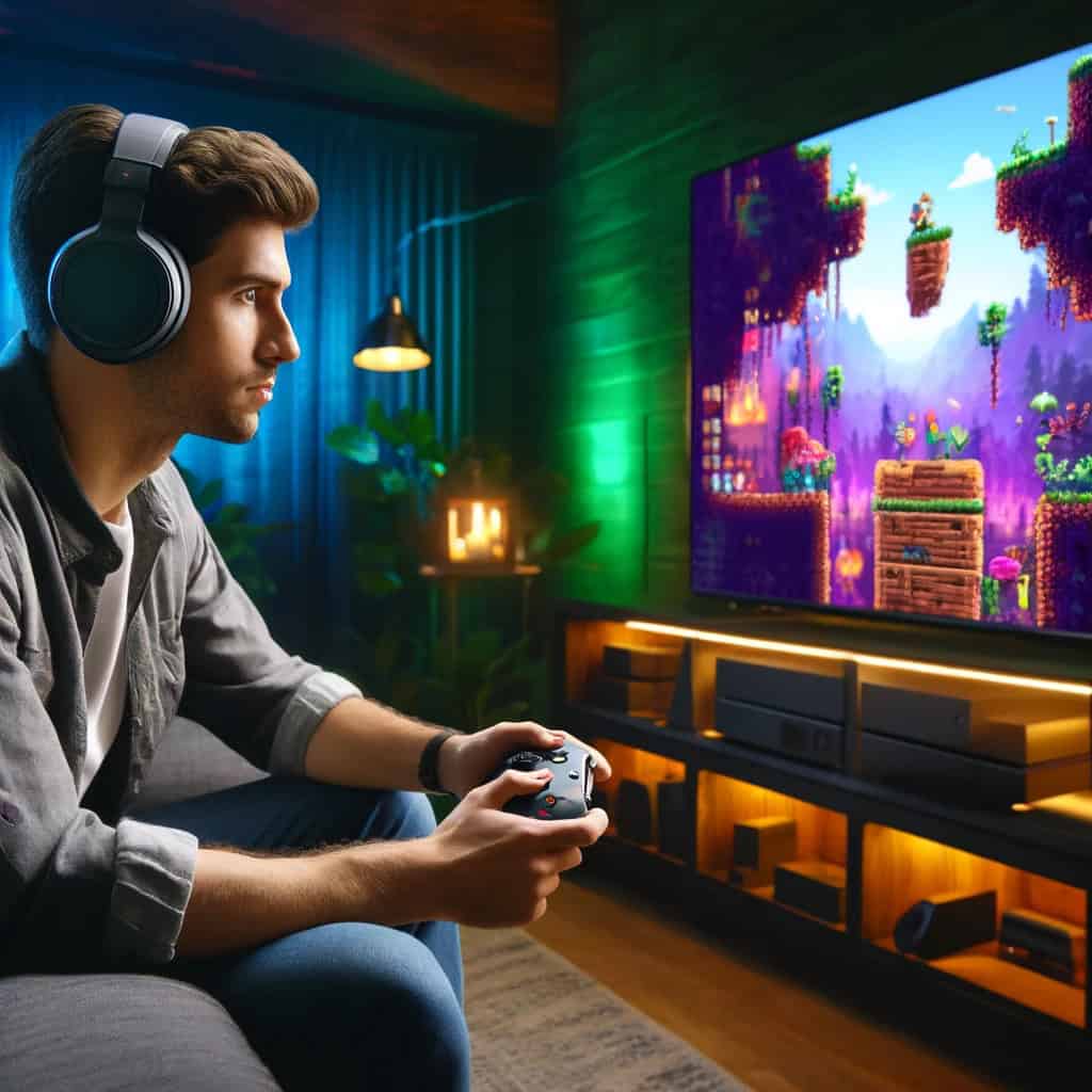 co to są słuchawki gamingowe - gracz trzyma pad w ręku i patrzy na ekran z grą