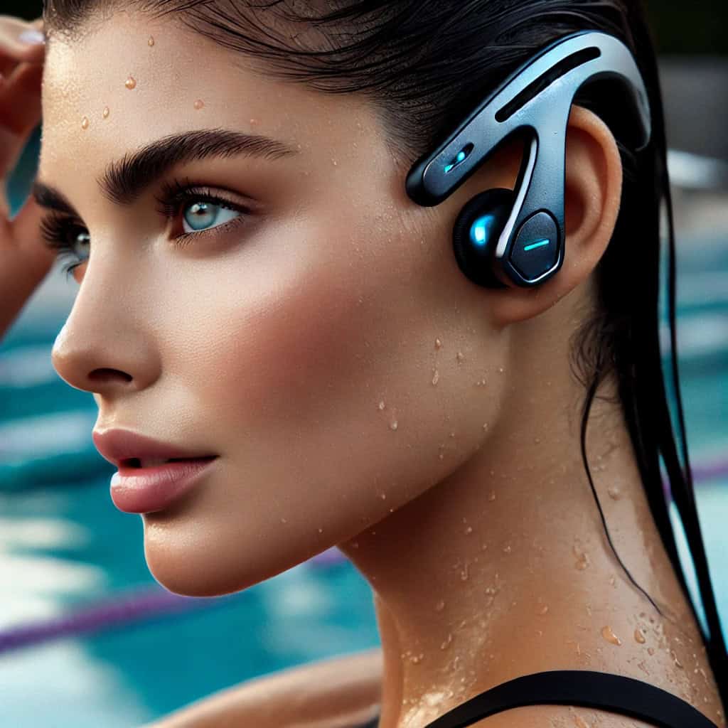 co to są słuchawki kostne - przykładowy model na na głowie kobiety stojącej nad basenem