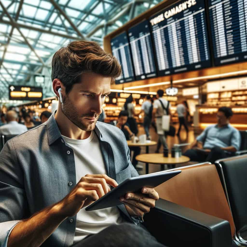 co to są słuchawki tws - mężczyzna w przykładowym modelu na lotnisku z tabletem