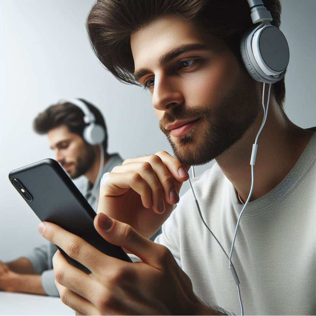 co oznaczają słuchawki na ekranie telefonu - mężczyzna wpatrzony w ekran telefonu