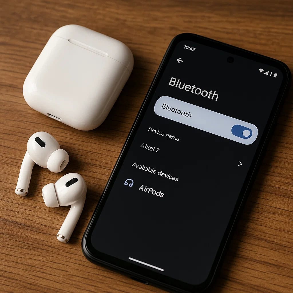 Czy airpods działają z androidem. Zbliżenie na AirPods i telefon z Androidem leżące na drewnianym biurku, widoczne ustawienia Bluetooth
