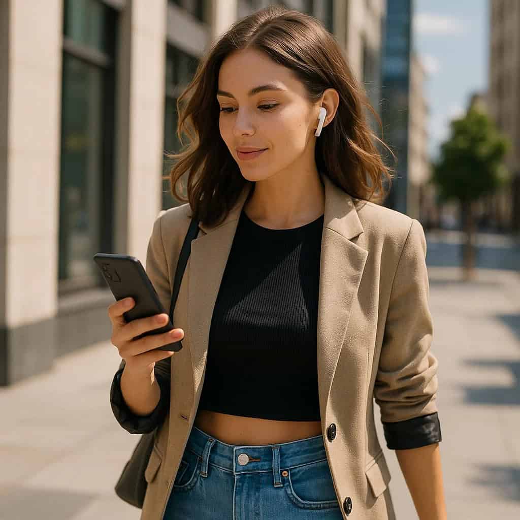 Czy airpods można połączyć z androidem. Stylowa młoda kobieta spacerująca po mieście z AirPodsami w uszach i telefonem z Androidem w dłoni