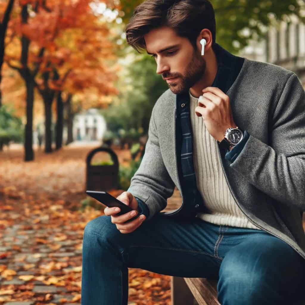 czy słuchawki bezprzewodowe pasują do każdego telefonu - mężczyzna siedzi na ławce w parku w słuchawkach dousznych i telefonem