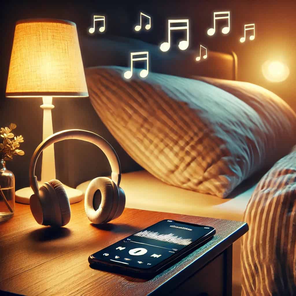 czy spanie w słuchawkach jest szkodliwe - przykładowy model podłączony do telefonu leży na stoliku obok łóżka