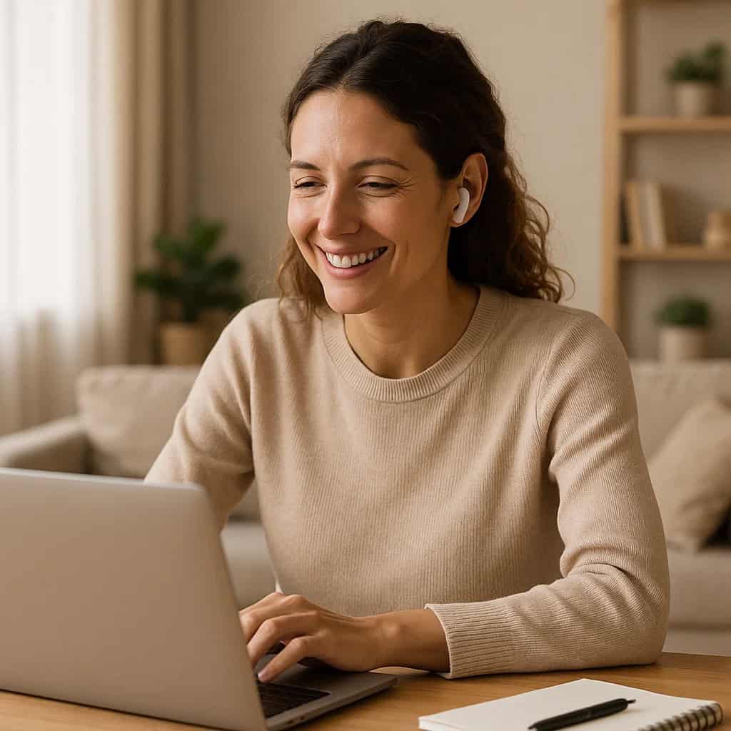 dobre mini słuchawki - kobieta pracująca przy biurku na laptopie