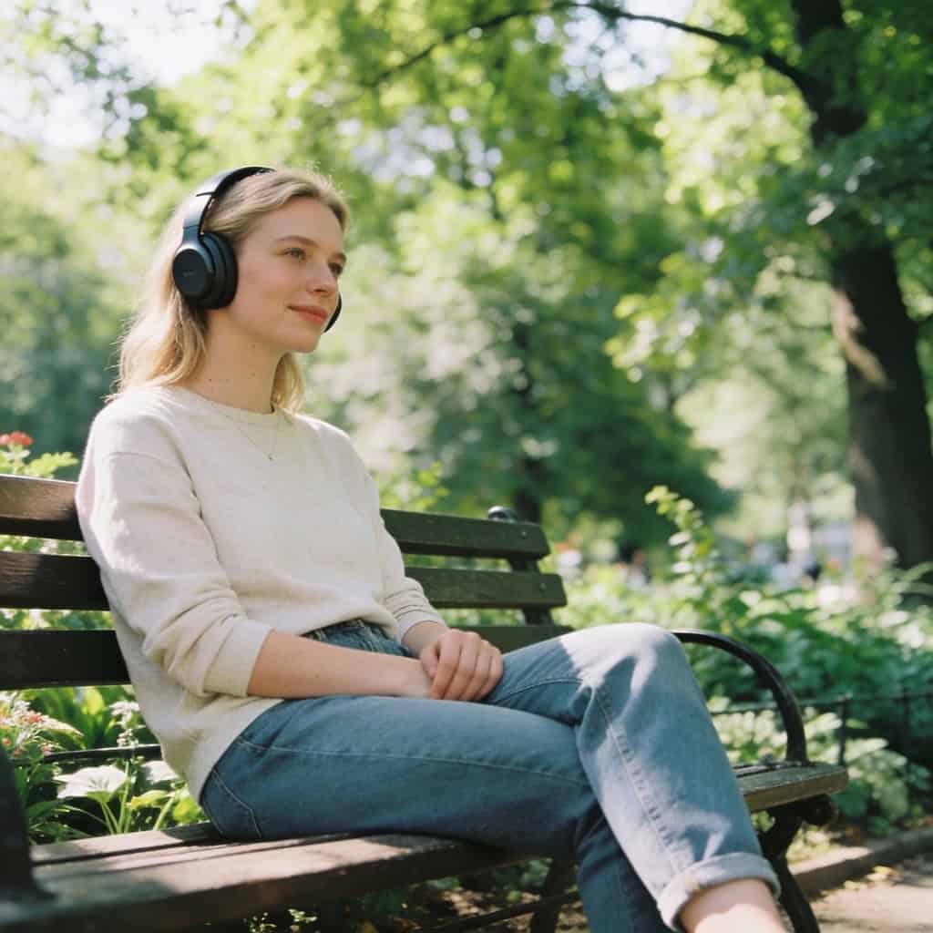 dobre słuchawki bezprzewodowe do 400 zł na uszach kobiety, która siedzi na ławce w parku