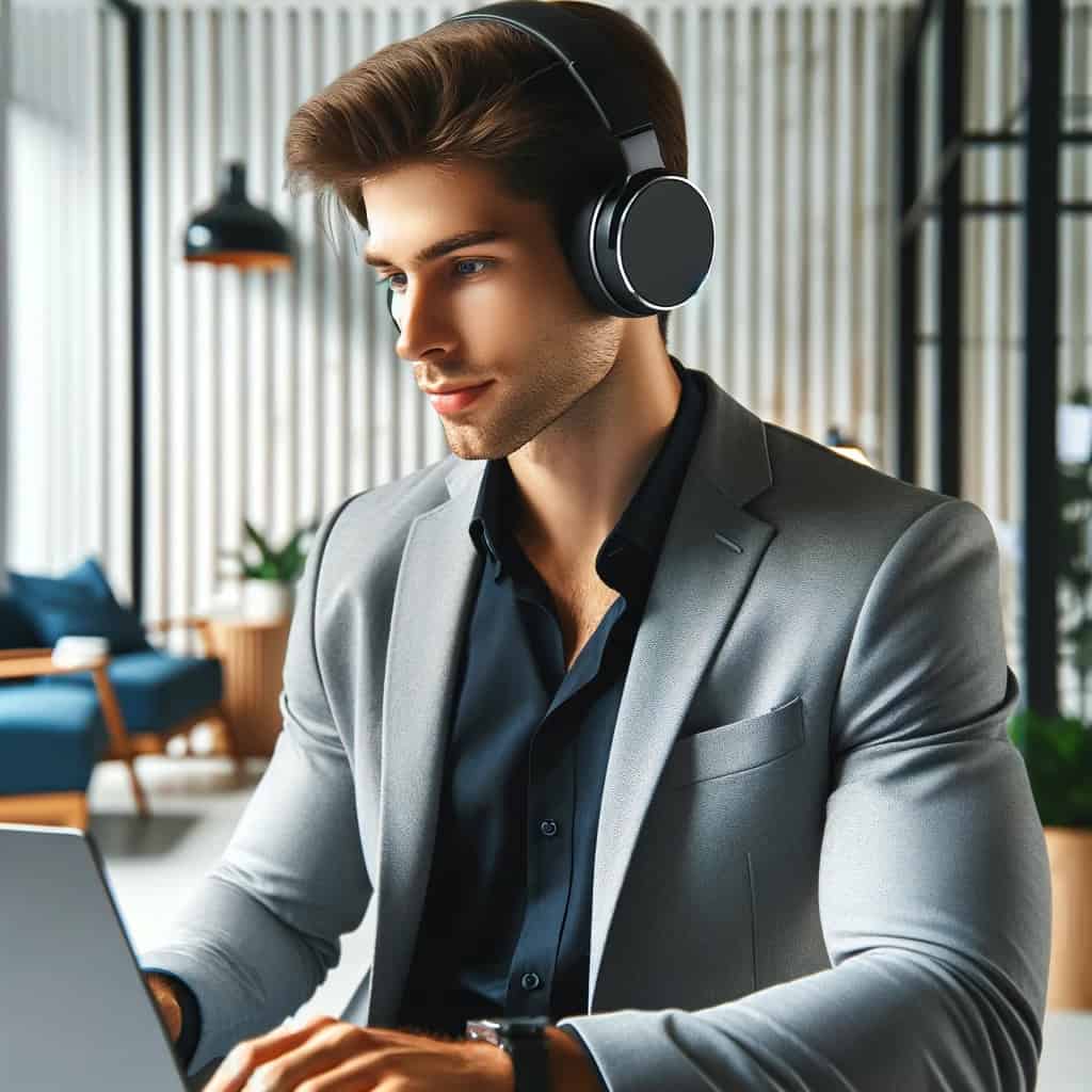 dobre słuchawki bezprzewodowe do 1000 zł na głowie mężczyzny pracującego przy komputerze