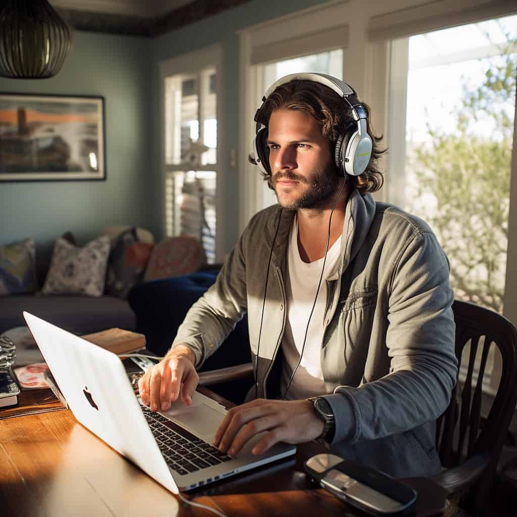 dobre słuchawki bezprzewodowe do komputera - model nauszny na głowie mężczyzny pracującego na laptopie w domu