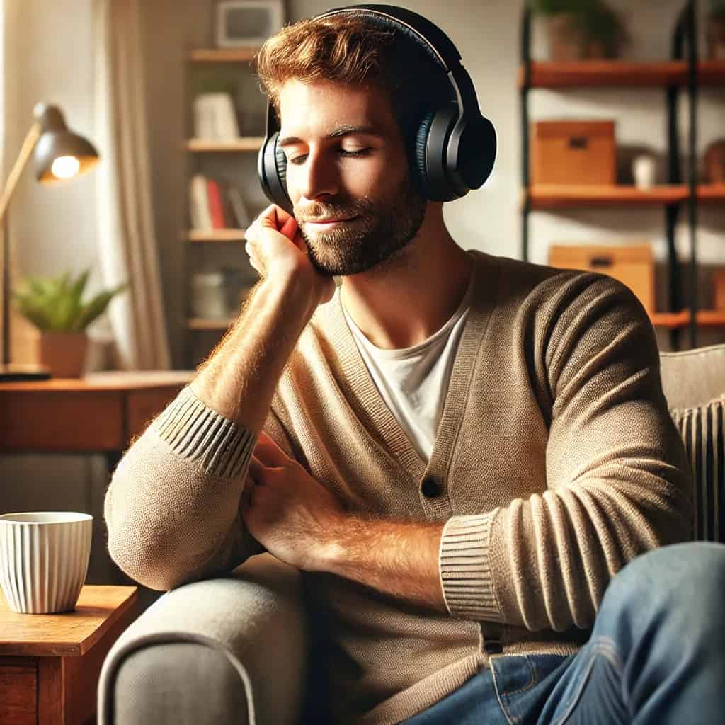 dobre słuchawki bezprzewodowe do słuchania muzyki na uszach mężczyzny siedzącego na fotelu z zamkniętymi oczami