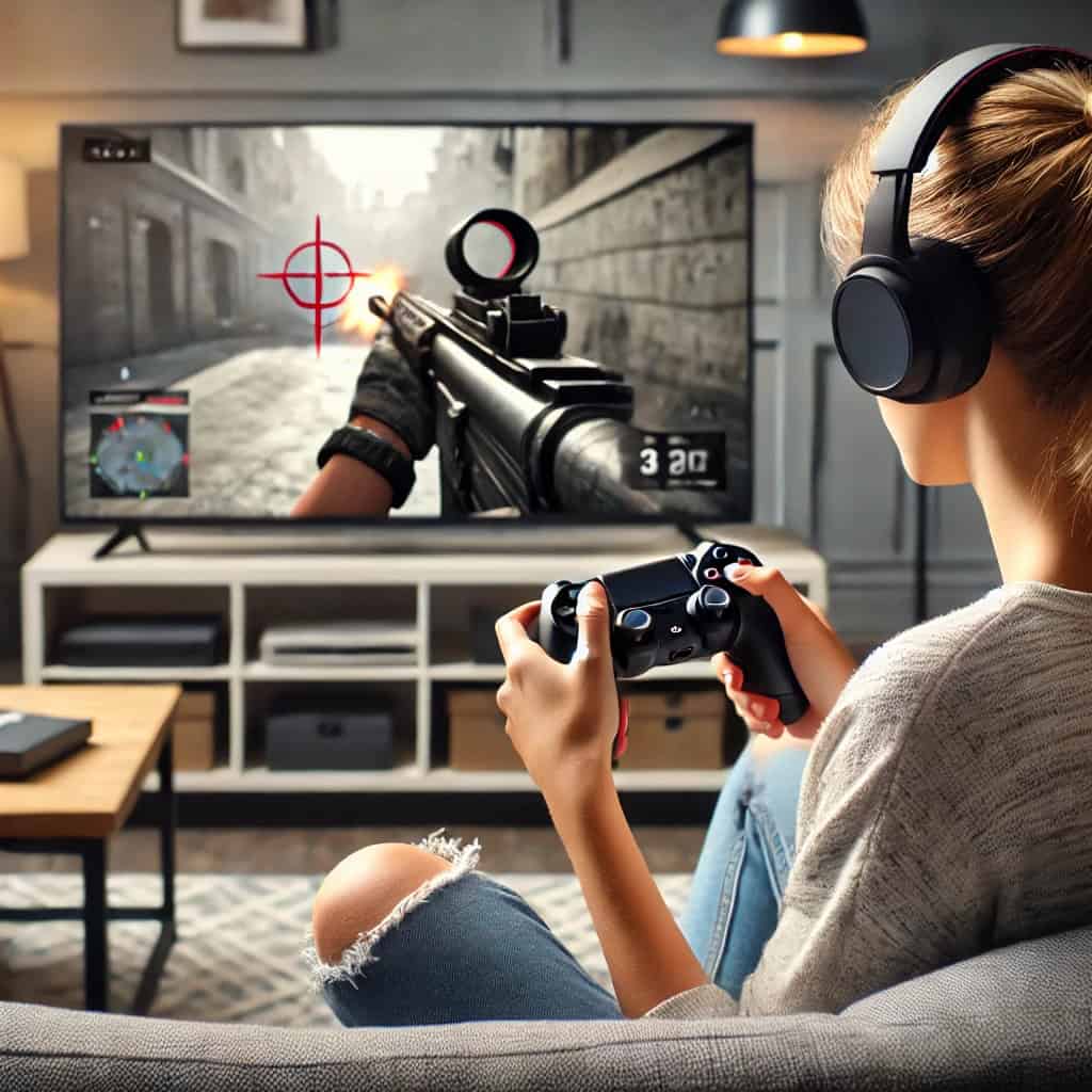 dobre słuchawki do call of duty na głowie kobiety grającej na konsoli