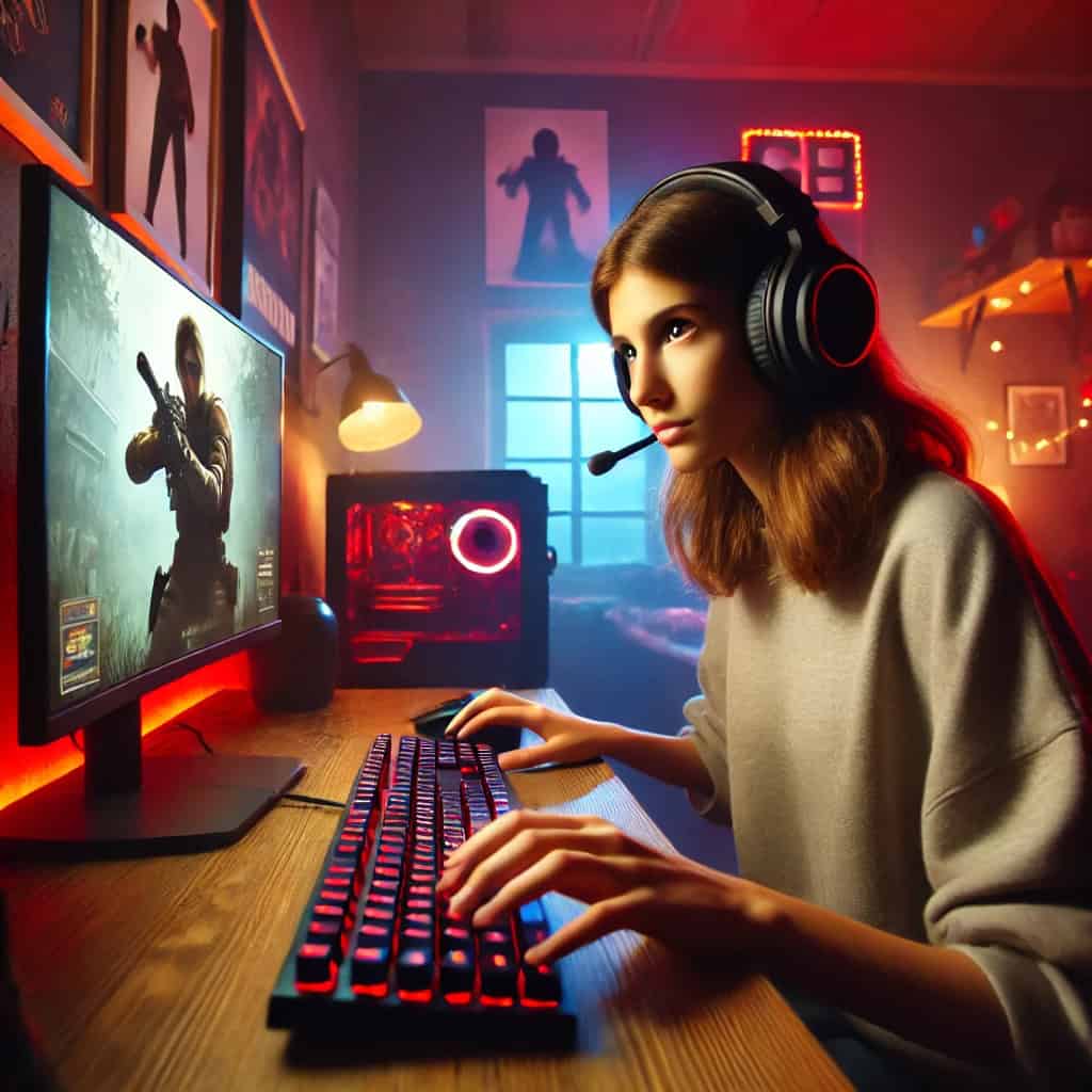 dobre słuchawki do fortnite na głowie graczki siedzącej przed komputerem