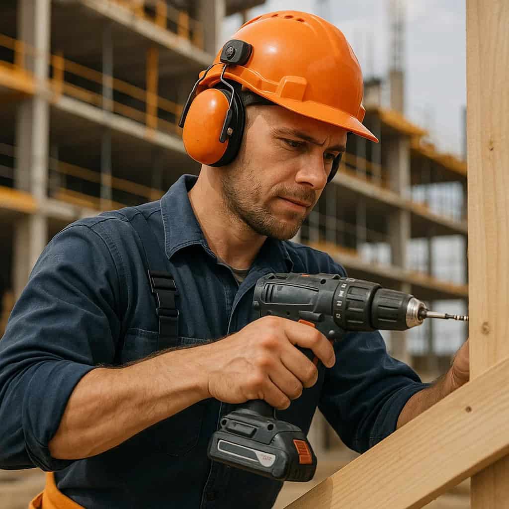 dobre słuchawki do kasku budowlanego na głowie mężczyzny z wiertarką
