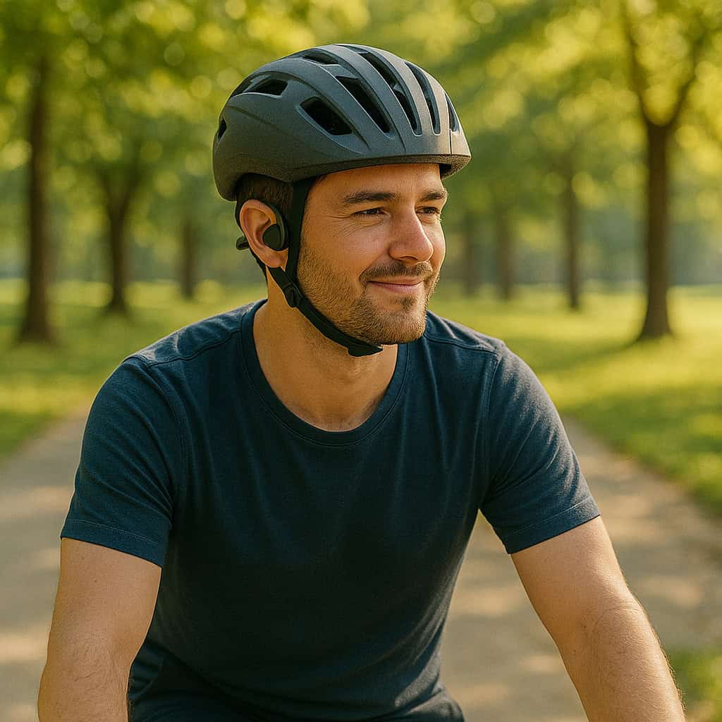 dobre słuchawki do kasku rowerowego na uszach mężczyzny jadącego po parku