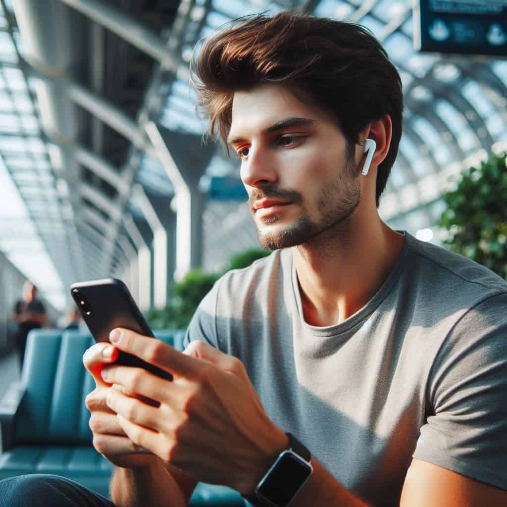 dobre słuchawki do smartfona w uszach mężczyzny siedzącego z telefonem na przystanku autobusowym