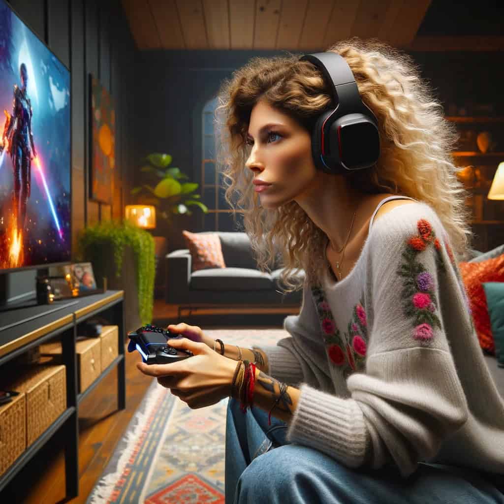dobre słuchawki do ps5 na uszach kobiety grającej na konsoli