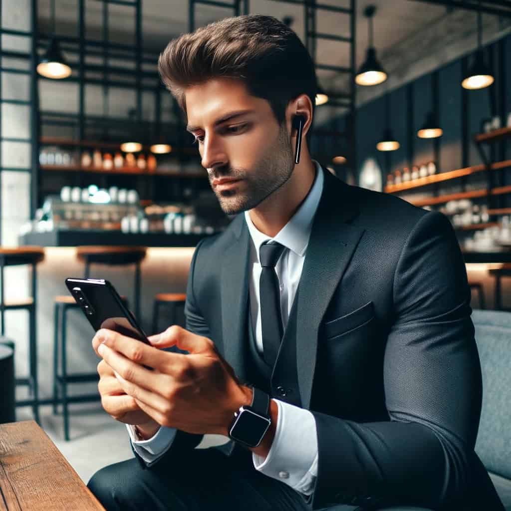 dobre słuchawki do rozmów telefonicznych w uszach mężczyzny w garniturze, który siedzi w kawiarni wpatrując się w telefon
