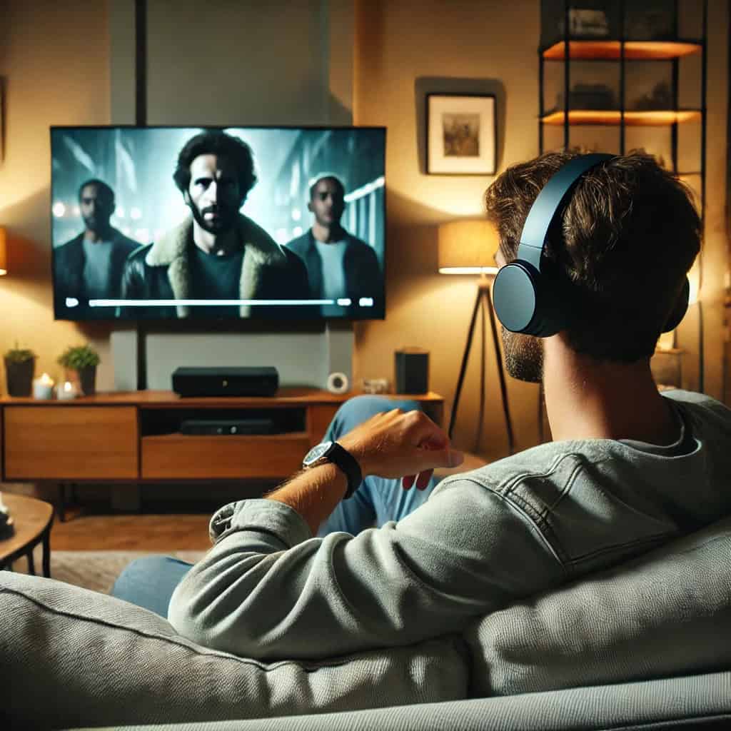 dobre słuchawki do telewizora na uszach mężczyzny oglądającego film na ekranie tv
