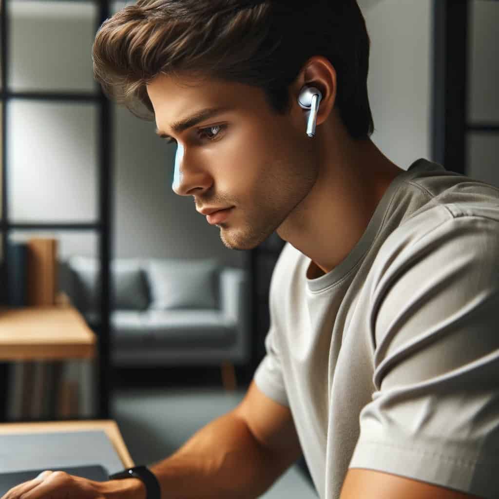 dobre słuchawki douszne w uszach mężczyzny pracującego na komputerze