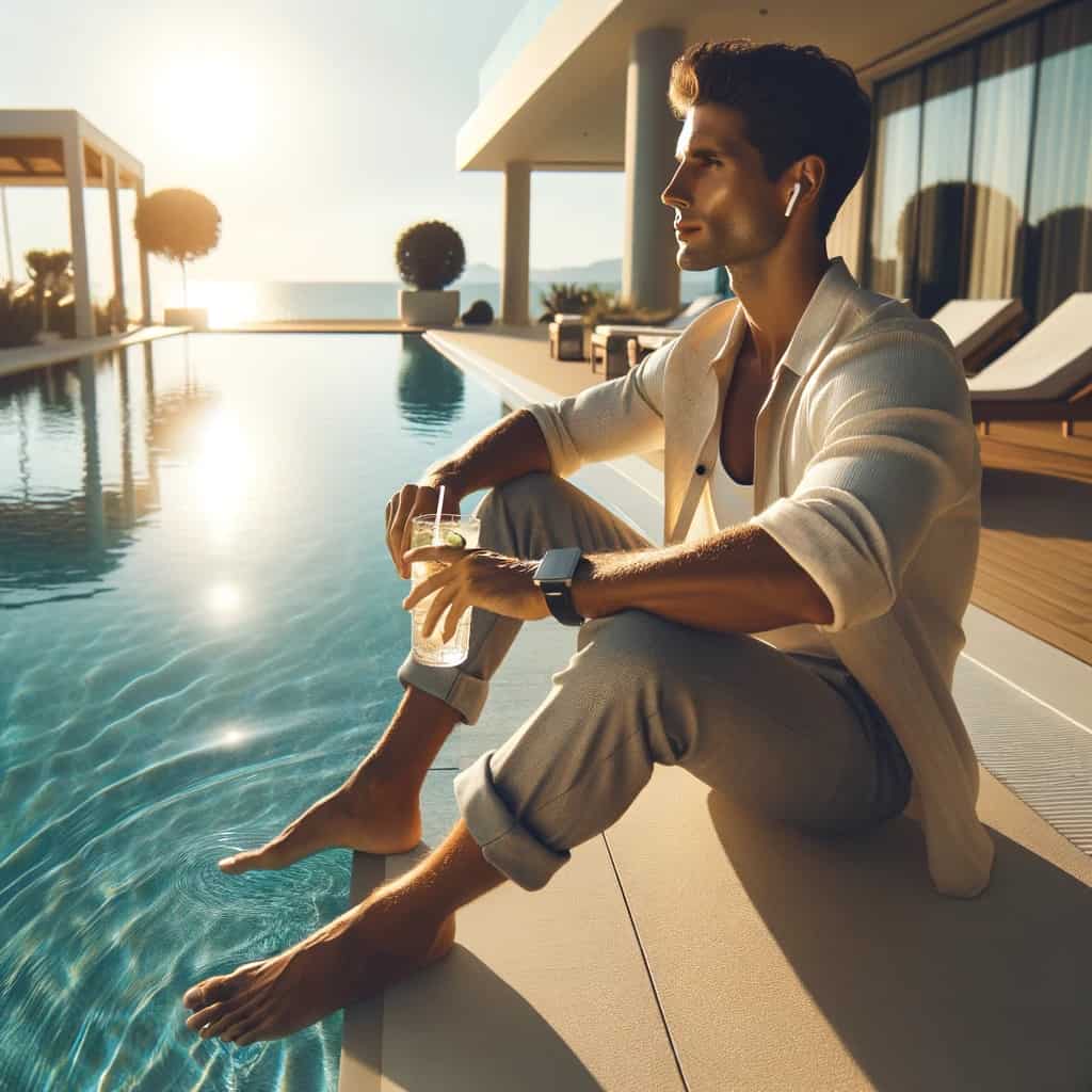 dobre słuchawki dokanałowe bezprzewodowe w uszach mężczyzny siedzącego przy basenie