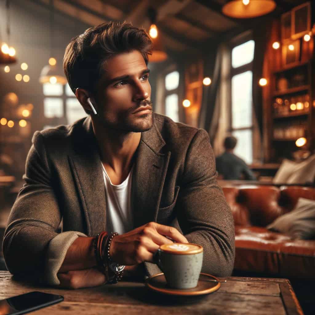 dobre słuchawki dokanałowe w uszach mężczyzny w kawiarni