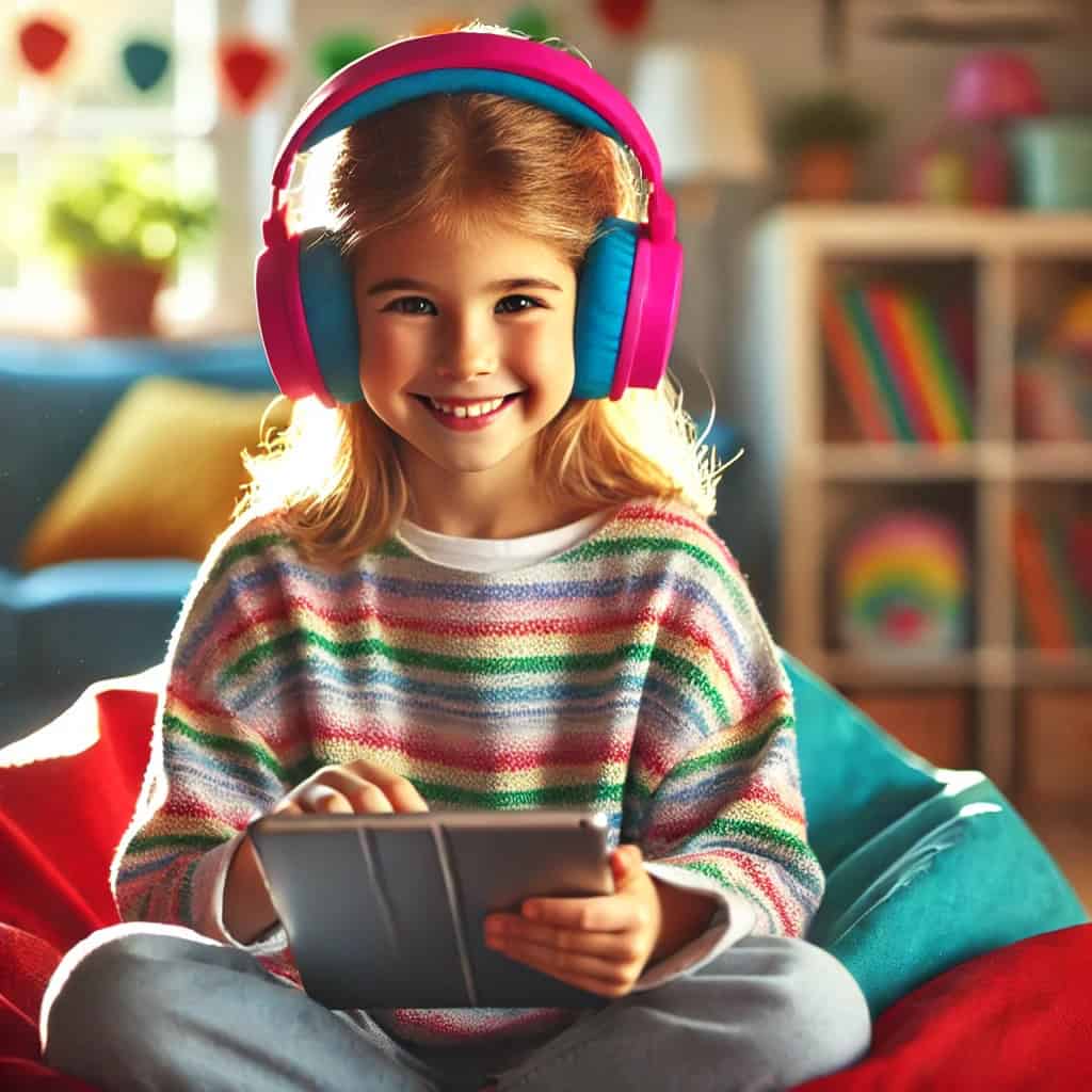 dobre słuchawki dla dziecka na uszach uśmiechniętej dziewczynki