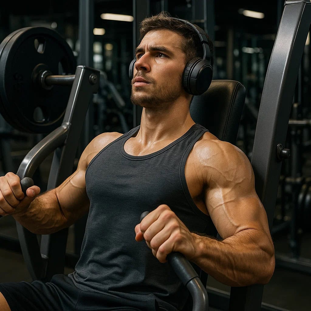 dobre słuchawki na siłownię nauszne, na głowie mężczyzny, który ćwiczy na maszynie do wyciskania