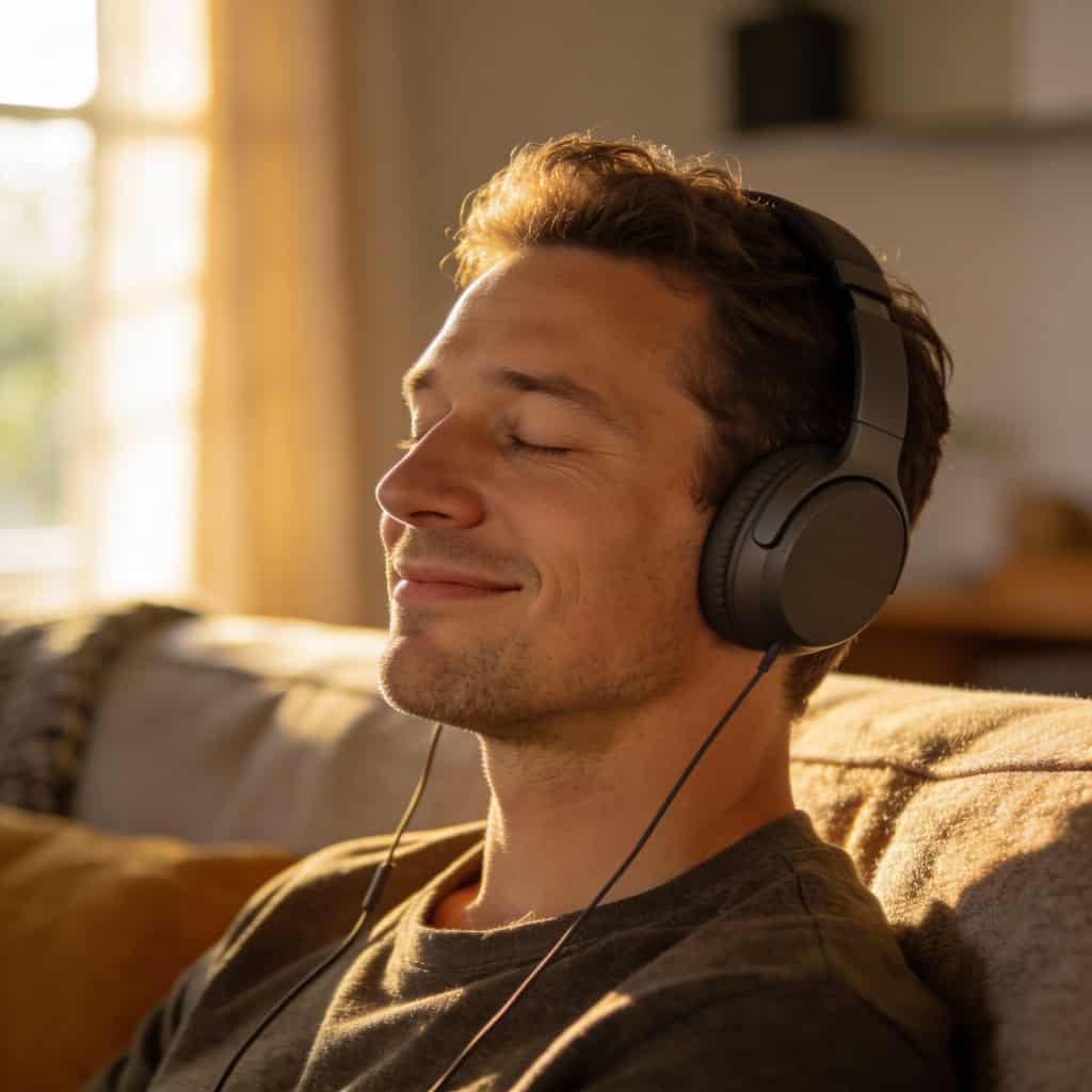 dobre słuchawki nauszne do 400 zł na głowie mężczyzny siedzącego na sofie