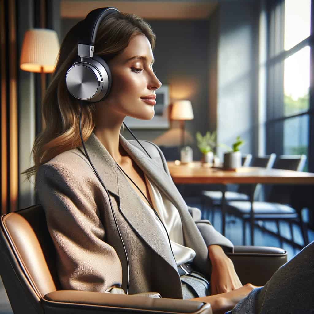 dobre słuchawki nauszne do 1000 zł Bluetooth - przykładowy model na głowie kobiety relaksującej się w kawiarni