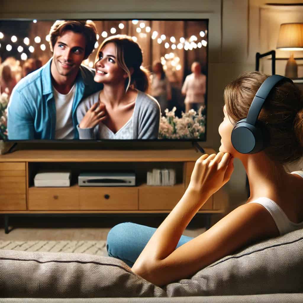 dobre słuchawki nauszne do telewizora na głowie kobiety, która siedzi wygodnie na sofie oglądając romantyczną komedię