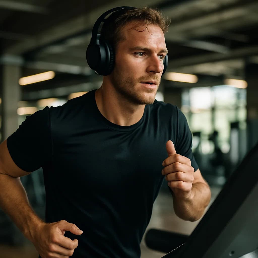 dobre słuchawki nauszne na siłownię na głowie mężczyzny, który biega na bieżni, ubrany sportowo