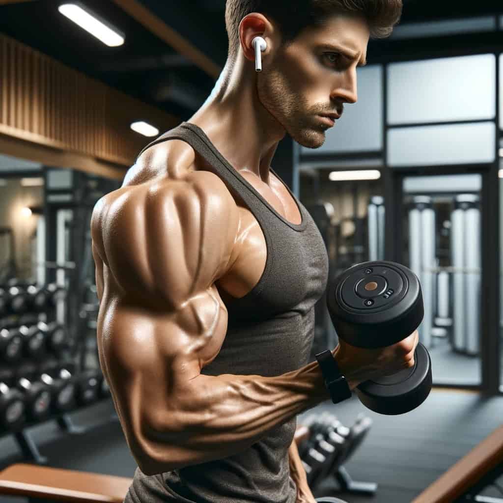 dobre słuchawki sportowe w uszach mężczyzny podnoszącego hantle