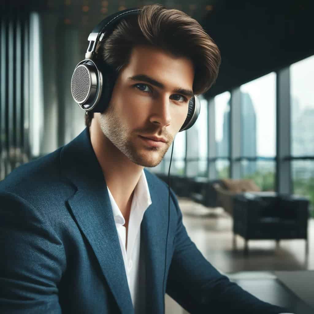 dobre słuchawki przewodowe do 1000 zł na uszach mężczyzny w garniturze