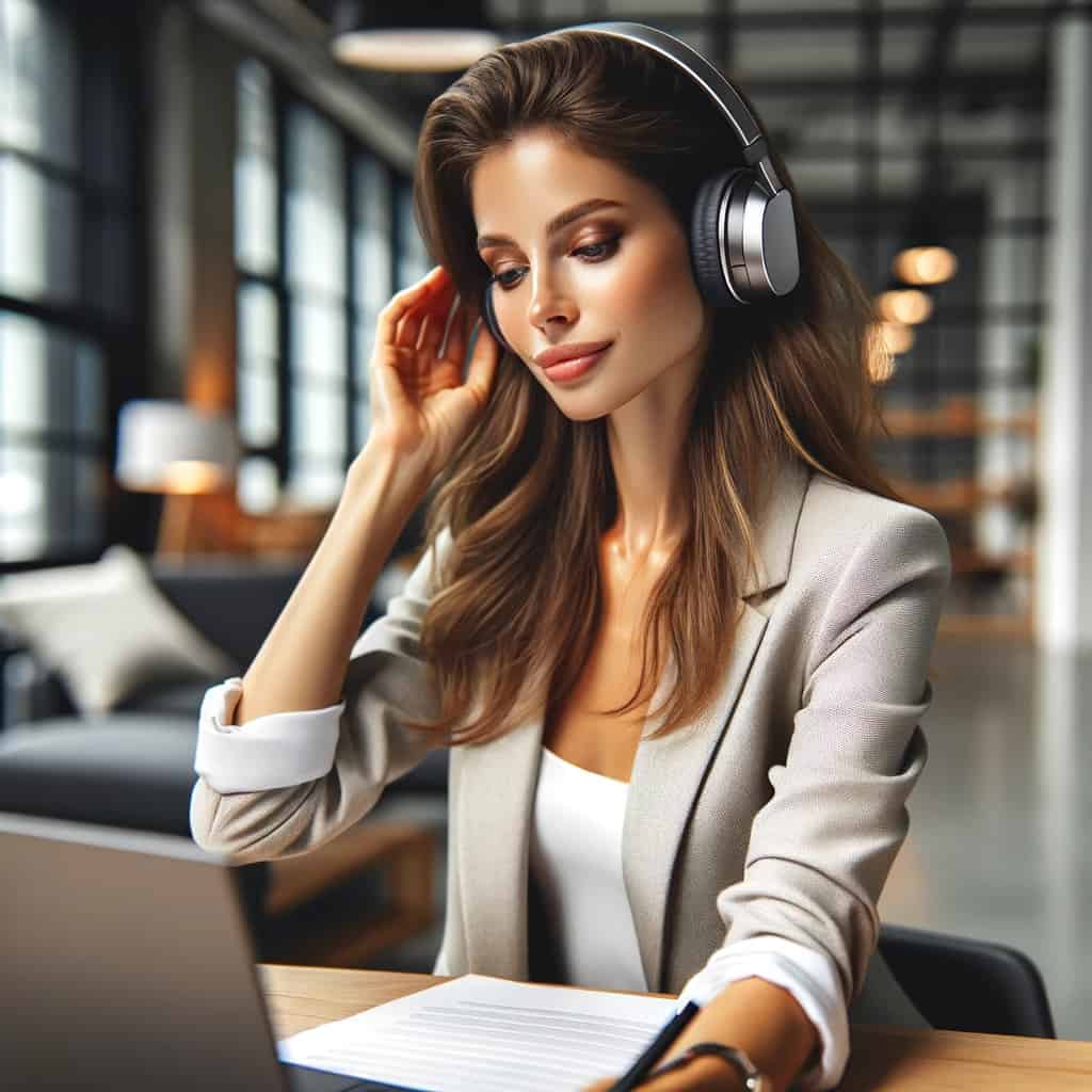 dobre słuchawki przewodowe do komputera - model nauszny na głowie kobiety pracującej przy pc