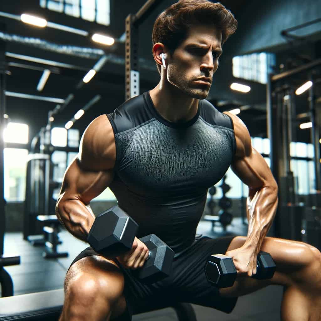 dobre słuchawki wodoodporne w uszach mężczyzny podnoszącego hantle