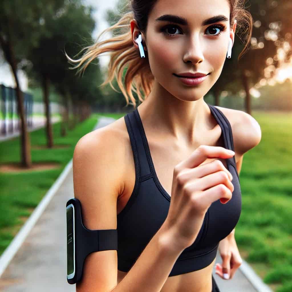 dobre słuchawki z mp3 w uszach kobiety biegnącej ścieżką