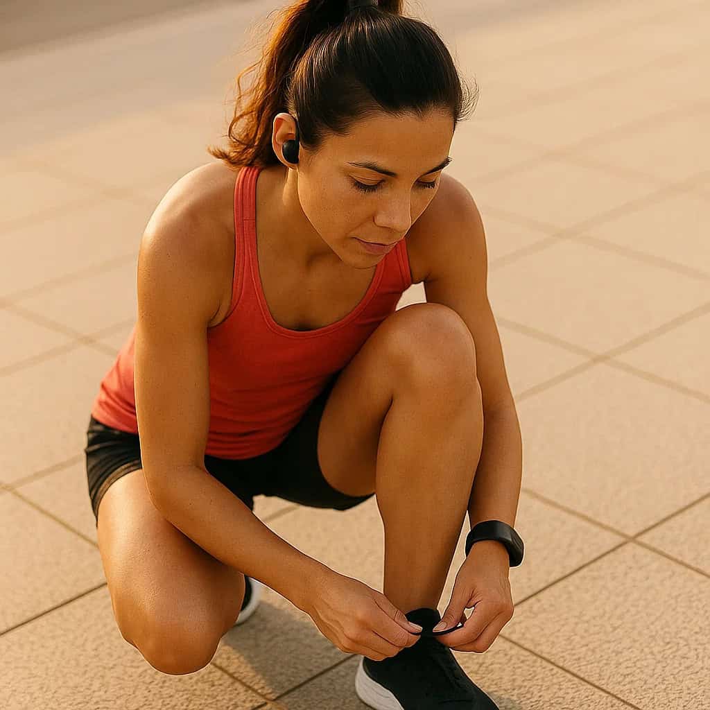 dobre słuchawki zauszne na uszach kobiety w stroju joggingowych, która wiąże buta