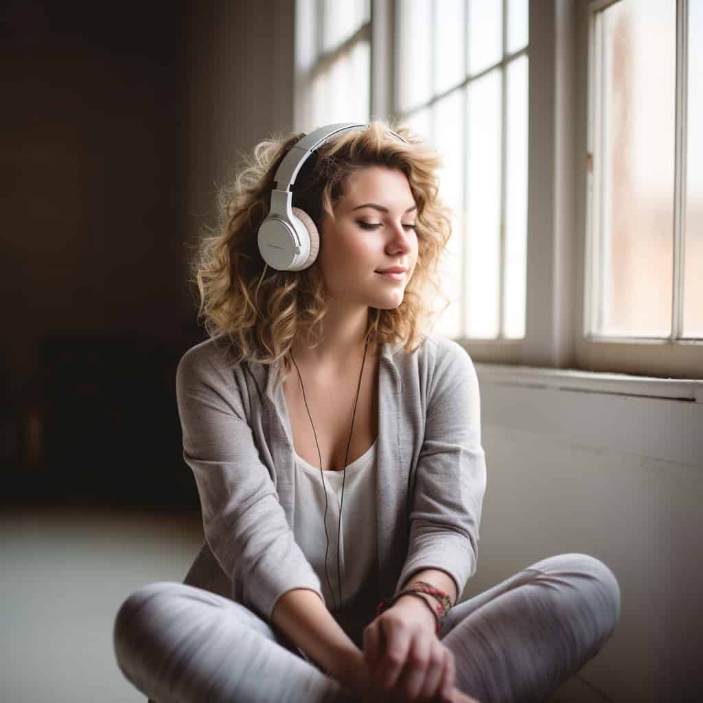 dobre słuchawki na głowie kobiety sadzącej na podłodze z zamkniętymi oczami