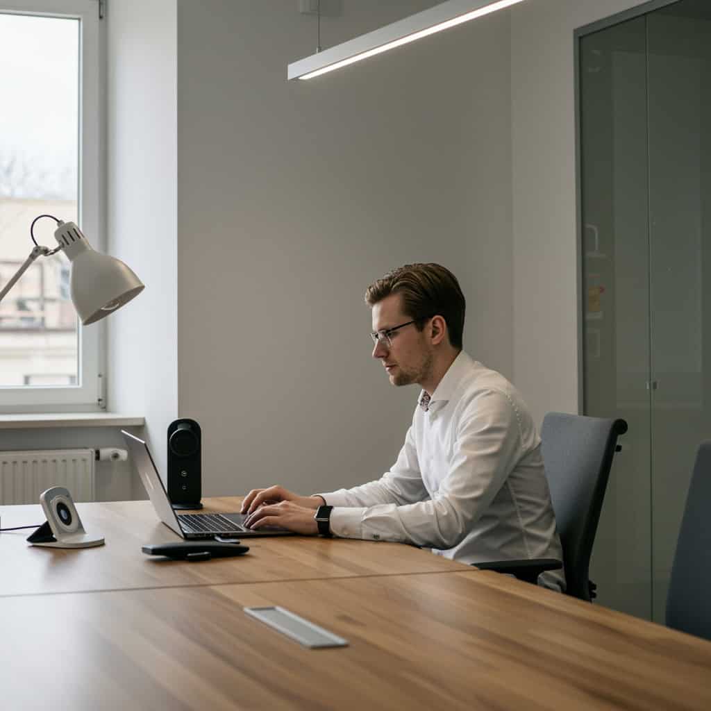 dobry zestaw głośnomówiący do laptopa - mężczyzna podczas rozmowy w sali konferencyjnej