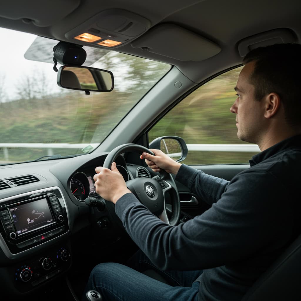 dobry zestaw głośnomówiący do samochodu - Mężczyzna prowadzący auto, a nad nim zamontowane urządzenie