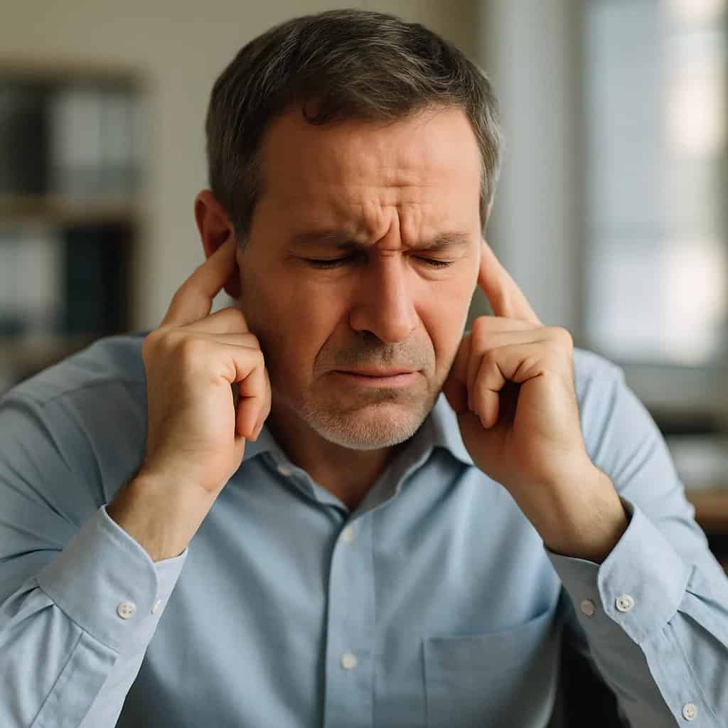 dlaczego słuch się psuje - mężczyzna siedzi w biurze, zatykając uszy