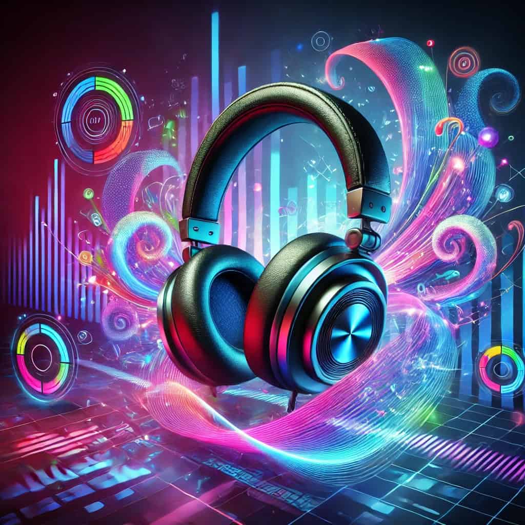 dźwięk przestrzenny w słuchawkach -przykładowy model otoczony przez fale audio