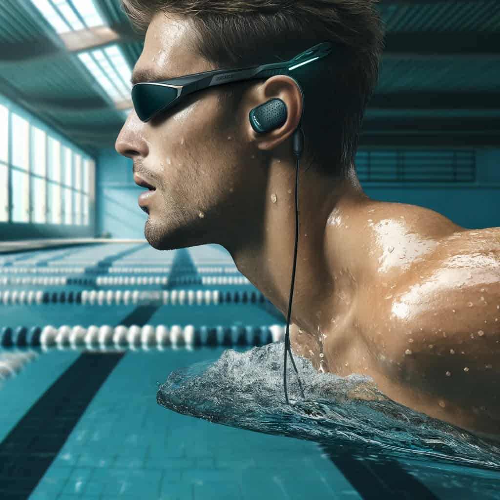 fajne słuchawki do pływania - przykładowy model w uszach pływaka