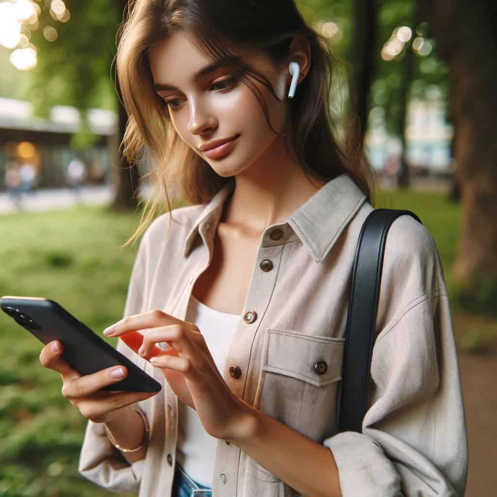 fajne słuchawki douszne - kobieta rozmawiająca przez telefon w przykładowym modelu