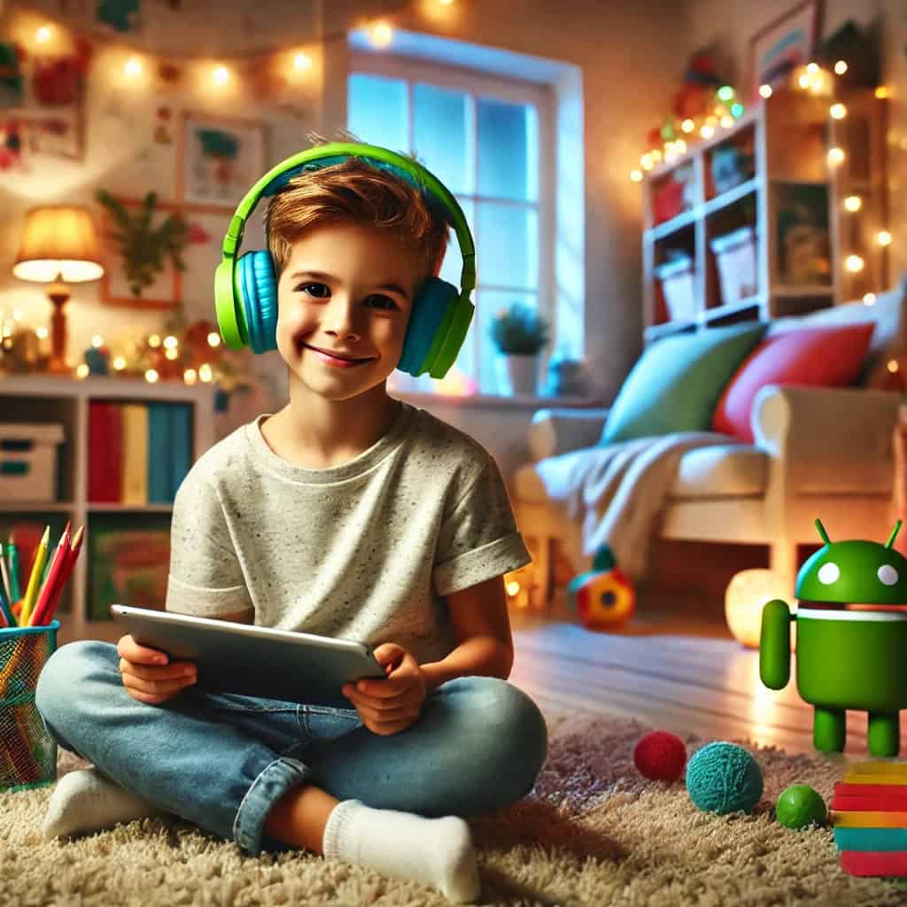 fajne słuchawki dla dziecka na uszach chłopca z tabletem