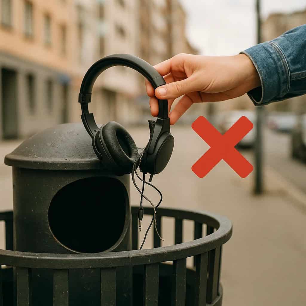 gdzie wyrzucić zepsute słuchawki - ręka trzymająca w ręku słuchawki nad śmietnikiem i czerwony znak X