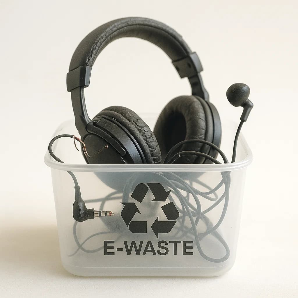 gdzie wyrzucić zużyte słuchawki - zepsuty model w pojemniku na odpady