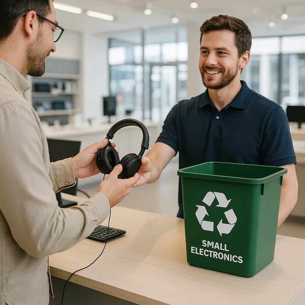 gdzie wyrzucić stare słuchawki - mężczyzna oddaje zepsuty model w sklepie