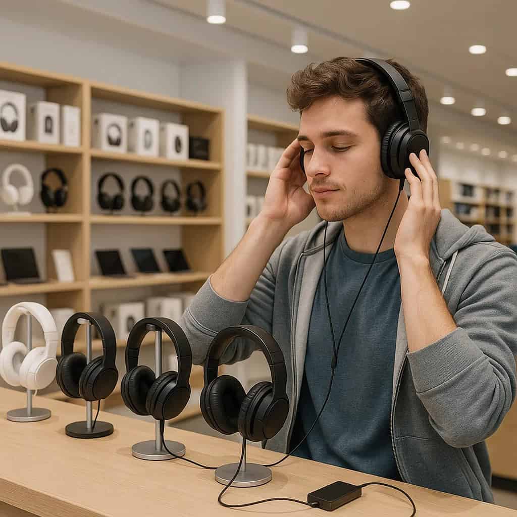 gdzie można przetestować słuchawki - klient przymierza słuchawki nauszne w sklepie stacjonarnym z elektroniką